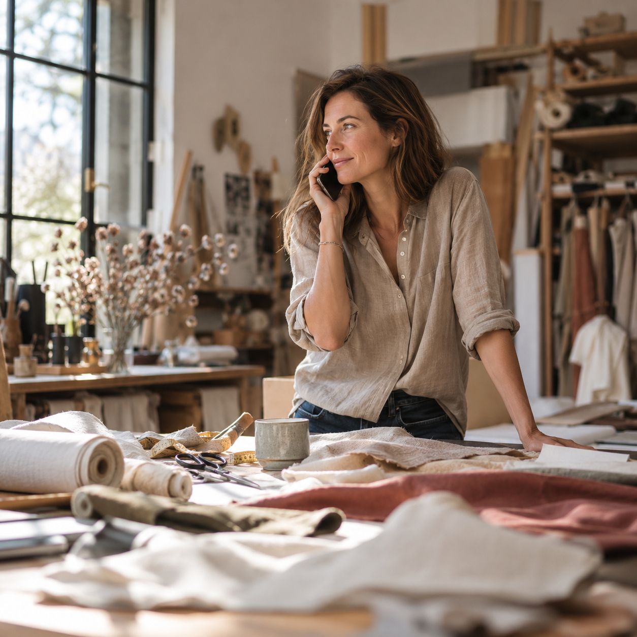 Une créatrice au téléphone dans son atelier, appuyée sur sa table de coupe couverte de tissus.