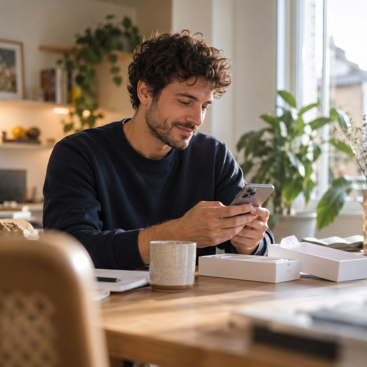 Un homme sourit en configurant son nouveau téléphone à sa table, la boîte ouverte devant lui.