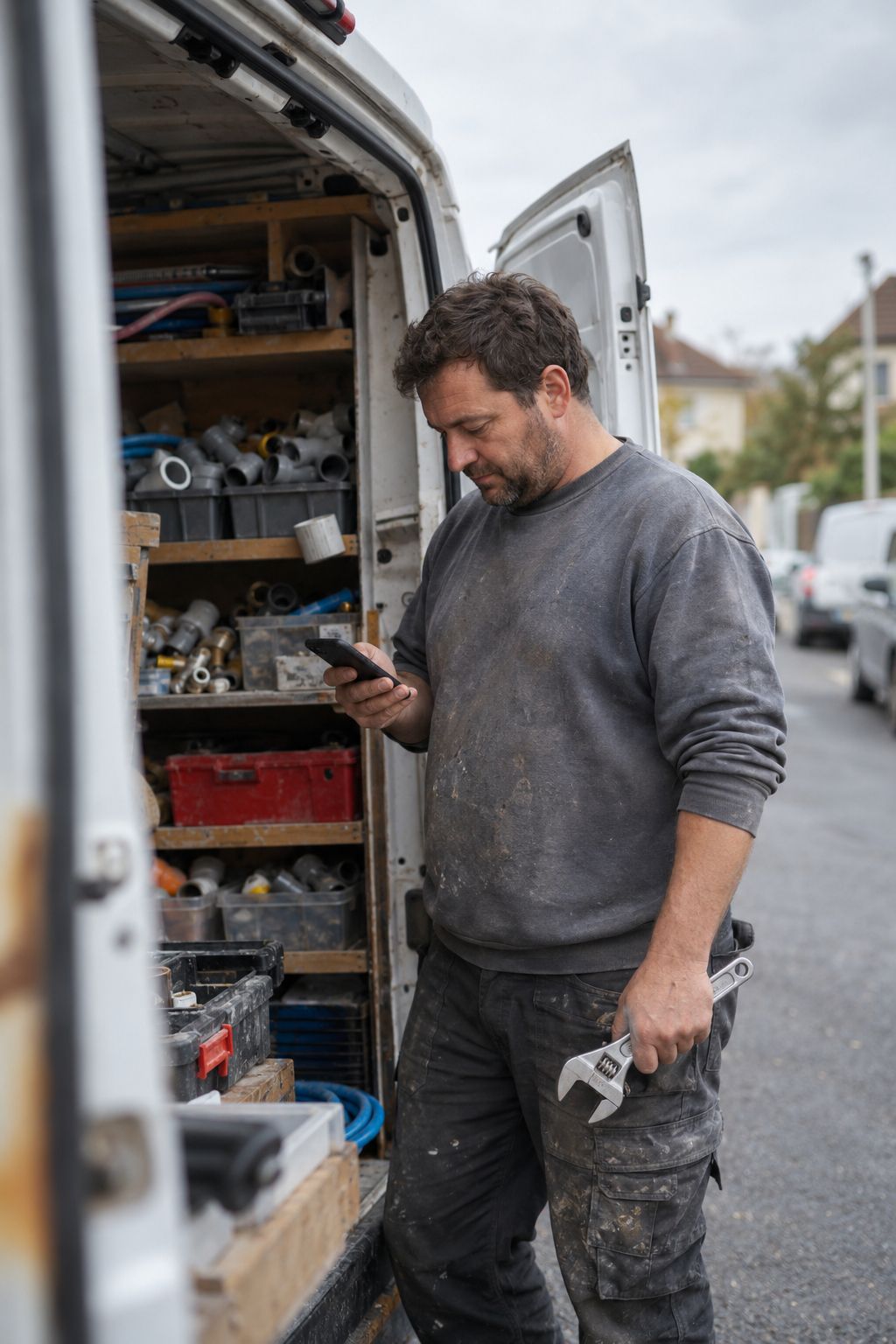 Un artisan consulte son téléphone à l’arrière de sa camionnette ouverte, une clé à molette à la main.