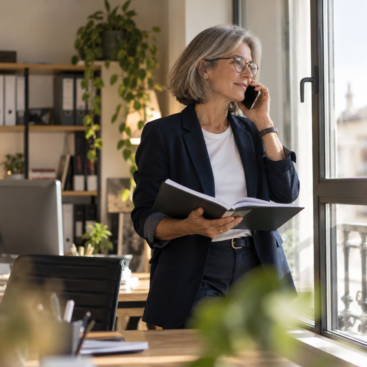 Une dirigeante au téléphone près de la fenêtre de son bureau, un dossier ouvert à la main.