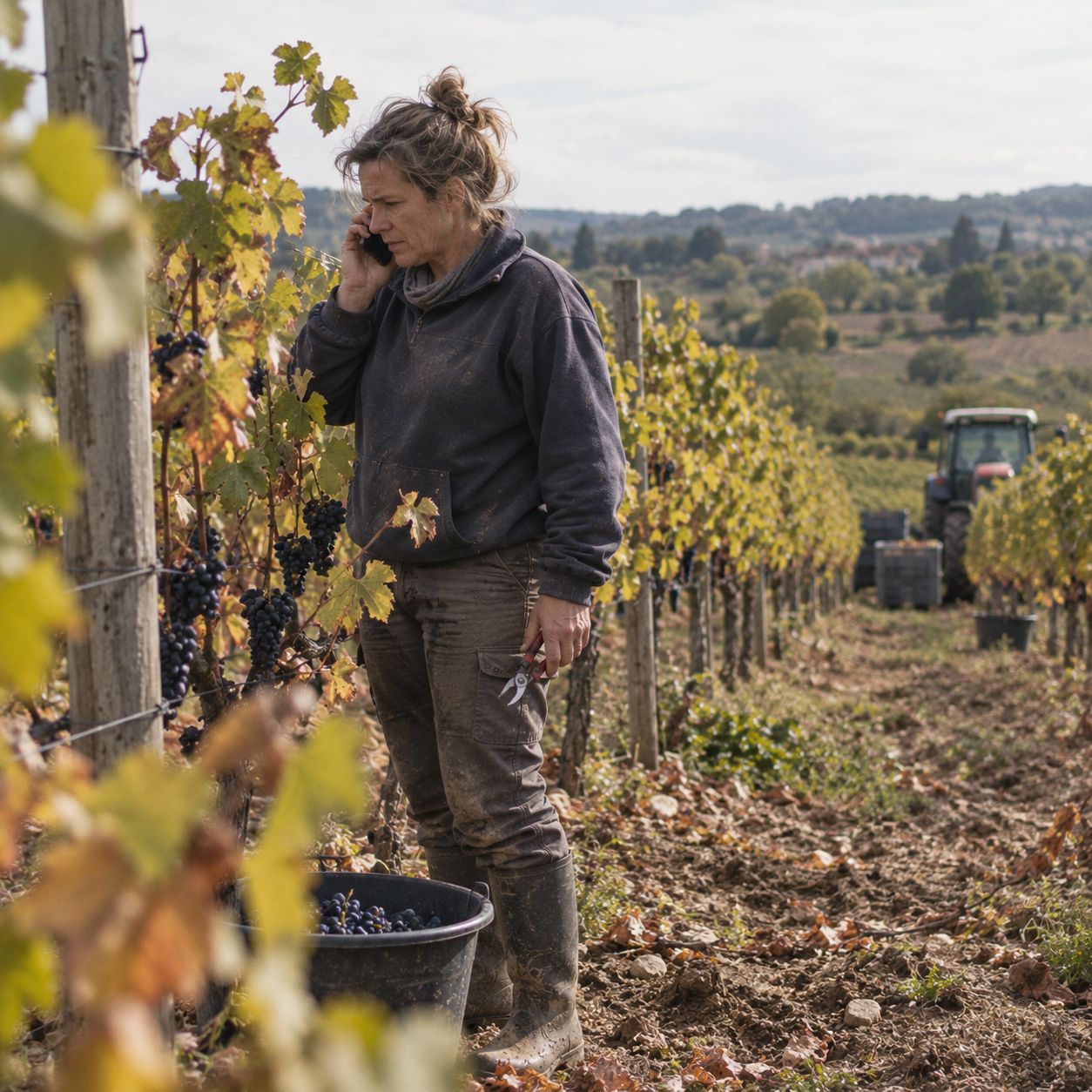 Une vigneronne au téléphone au milieu de ses vignes, un tracteur au bout du rang.